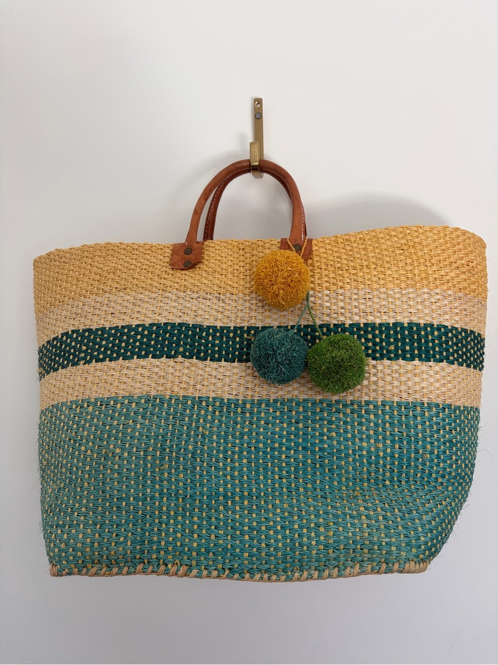 Mar Y Sol Woven Straw Tote Bag with Pom-Pom Accents - Green/Beige